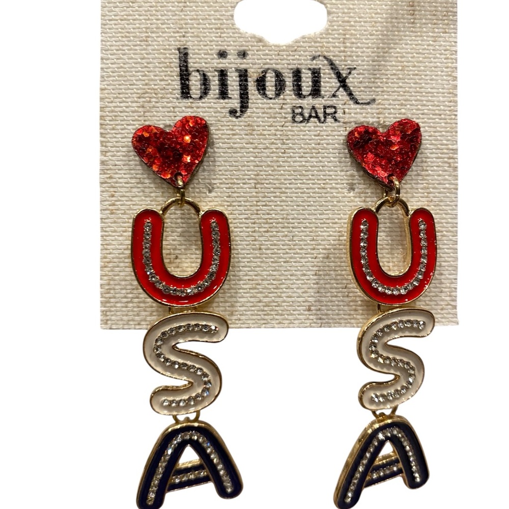 USA Red Heart White and Blue Earrings Sparkling